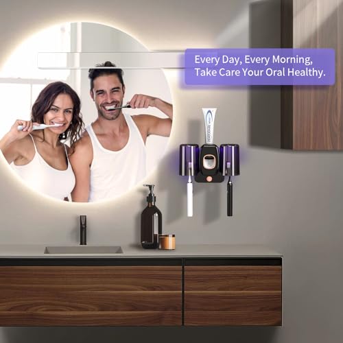 Toothbrush Holders for Bathrooms, Wekity Automatic Toothpaste Dispenser Space Saving Toothbrush and Toothpaste Holder，Toothbrush Holder Wall Mounted with 2 Cups for Bathroom (Black)… - color: Black