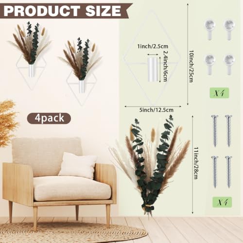 Jexine 4 Pcs Hanging Planters with Artificial Pampas White Metal Hanging Vase Indoor Plants Holder Modern Geometric Boho Bathroom Wall Decor for Living Room Home Office - color: White, size: Pampas