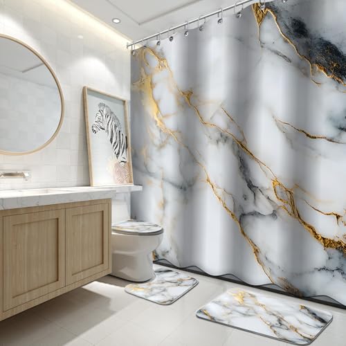 Lnond 4Pcs Marble Bathroom Sets with Shower Curtain and Rugs,White Gold Marble Modern Art Bathroom Shower Curtain Sets with Rugs and Accessories - color: White Gold Marble