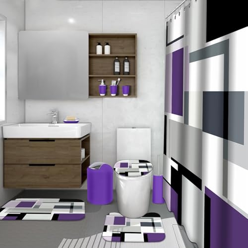 Lnond Purple Bathroom Set, 23-Piece Purple Black Geometric Bathroom Decor Set with with Shower Curtain and Rugs, Trash Can, Toilet Brush Holder Set & Soap Dispenser - style: Purple Black Geometric