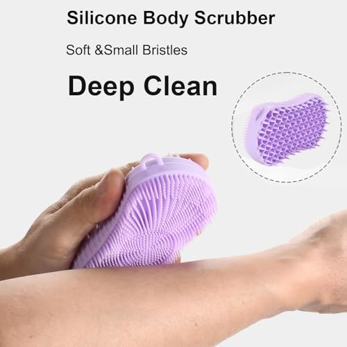 Silicone Body Scrubber, Double Sided Exfoliating Brush with Soft Flexible Bristles, Scalp Massage and Shampoo Tool with Hanger Loop (Lavender) - color: Lavender