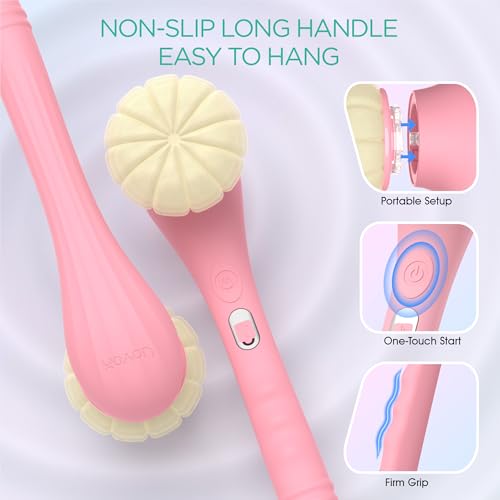 VOYOR Electric Body Brush Back Scrubber Silicone Body Scrubber Two-Way Rotating Brush Head for Deep Cleaning, Exfoliation, 4 Attachments Long Handle IPX6 Rechargeable Shower Brush BC300 (Pink) - color: Pink