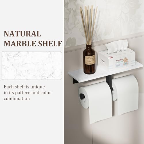 BWE Double Toilet Paper Holder with Shelf, Wall Mounted Tissue Roll Holder for Bathroom, Commercial Toilet Paper Dispenser, Marble Toilet Paper Storage Holder with Phone Shelf (Matte Black) - color: Double Black