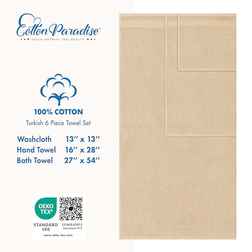 Cotton Paradise 100% Cotton Turkish Towel Set, Soft Absorbent Quick Dry, 6 Piece Towel Set, Beige - color: Beige, size: 6 PC SET (27x54" + 16x28" + 13x13")
