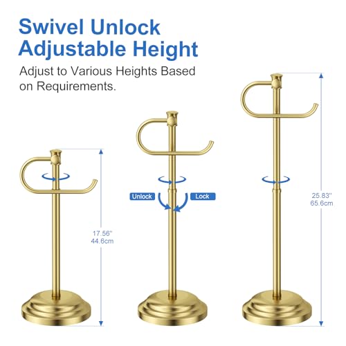 RUMOSE Toilet Paper Holder Stand for Floor, Brushed Gold Bathroom Free Standing Toilet Tissue Roll Holder with Storage, Adjustable 17-25 Inch, SUS304 Stainless Steel - color: Brushed Gold