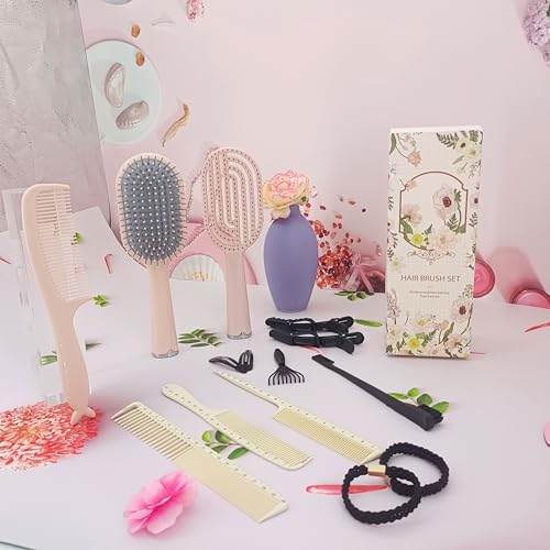 Hair Brush Set, Professional Styling Tools with Combs and Accessories, Pink, Gift Box Included (Pink Brush+White Comb) - color: Pink Brush+White Comb