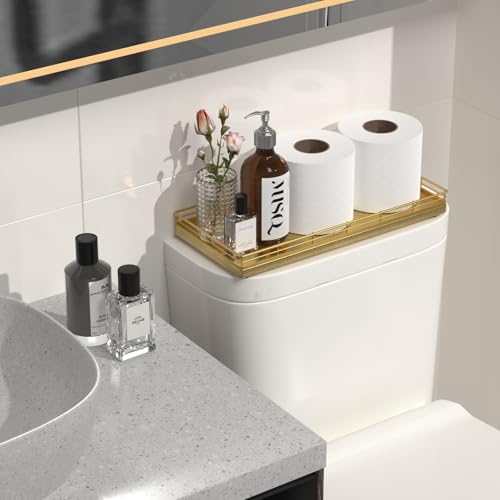 Oak Bathroom Toilet Tank Tray, 13" Wood Toilet Paper Storage Basket Back of Toilet Basket Organizer, Vanity Tray for Perfume Makeup Candle Kitchen Counter Coffee Table Decor, Gold - color: All Golden, size: 13" x 6.5" x 1.5"