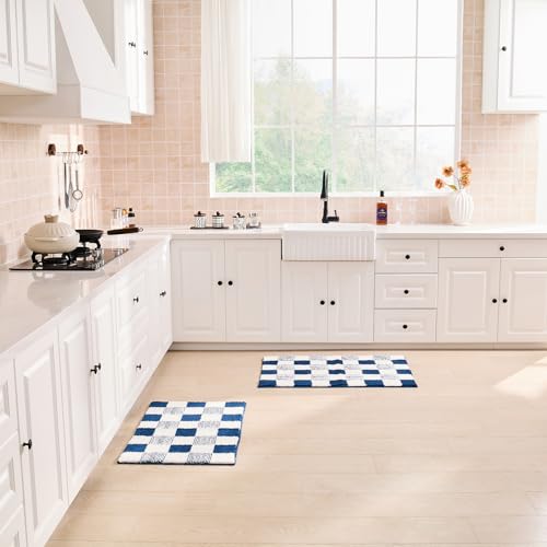 CozeCube Bath mats for Bathroom Non Slip, Fluffy Absorbent Microfiber Bath mat Washable, Aesthetic Bathroom Rugs, Cute Navy Blue Checkered Bath mat, Navy Blue, 32" x 20" - color: Checkered-navy Blue, size: 2'8" x 1'8" (Rectangular)
