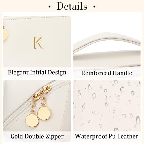 Birthday Gifts for Women Teen Girl, Personalized Initial Makeup Organizer Bag Set, Open Flat Travel Cosmetic Bag With Clear Divider and Handle(Beige,K) - color: Beige, style: K