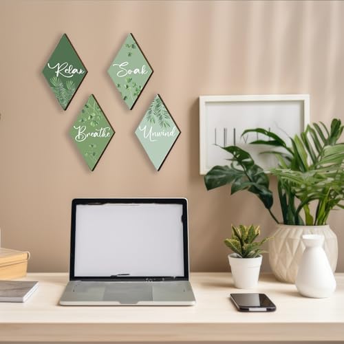 DONFENTHY 4 Pcs Sage Green Bathroom Decor Green Bathroom Accessories Relax Soak Unwind Breathe Wooden Sign Hanging Wall Art for Bedroom Living Room Office Decorations(12x7 Inches)