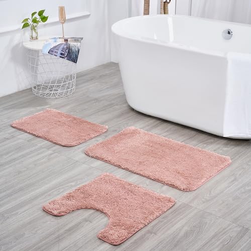 3 Pieces Luxury Bathroom Rug Set with U-Shaped Toilet Rug, Non-Slip Rubber Bottom, Thick Microfiber Fluffy Plush, Water Absorption, Quick Dry, Ultra Soft, Bath Mats for Bathroom, Tub(Coral) - color: Coral