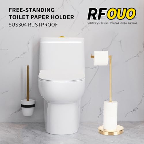 RFOUO Brushed Gold Toilet Paper Holder Stand 1 pc, Free Standing Toilet Paper Holder Stand,Bathroom Toilet Paper Storage with 2.7 Pounds Heavy Base for 4+1 Rolls,Toilet Tissue Holder - color: Brushed Gold