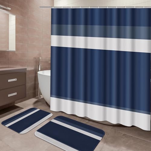 ArtSocket Navy Grey Nautical Bathroom Set with Shower Curtain and Bath Rugs and Accessories, Striped Modern Non-Slip 3 Pcs, 72" L x 72" W Curtain, 23.6" L x 15.7" W + 19.7"x 31.5" Rugs - color: Navy Grey