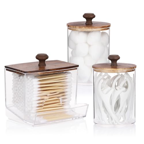 Tbestmax Qtips Holder Bathroom Container, 10oz Big Qtips Dispenser Cotton Ball Holder, Clear Plastic Apothecary Jar Organizer for Storage Cotton Swab, Round Pads, Floss Picks - color: Group C-Brown Wood
