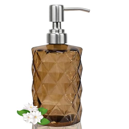 12Oz Brown Glass Soap Dispenser with Stainless Steel Pump, Refillable Kitchen Liquid Hand Soap Dispenser with Diamond Design, for Dispense Hand soap, Dish Soap, Lotion, Bathroom, Countertop, Hotel - color: Brown Diamond