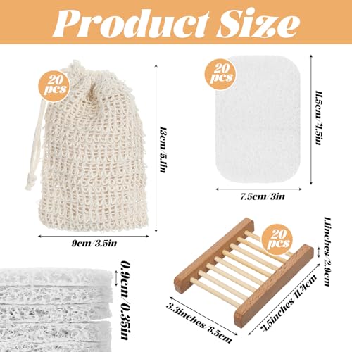 60 Pcs Soap Saver Set with Wooden Soap Dish, Exfoliating Bag, Saver Pads Bulk with Self Drain, Bar Soap Holder Mesh Bag for Shower and Bath Use Home Toilet Kitchen Hotel Restaurant