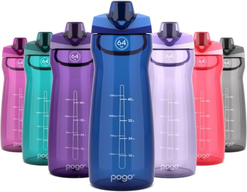Pogo 64oz Plastic Water Bottle with Leak-Proof Chug Lid and Carry Handle, Reusable, BPA Free, Capacity Markings, Dishwasher Safe, Perfect for Travel, School, Outdoors, and Gym, Blue (Pack of 6) - color: Blue, size: 64 Ounces (Pack of 6)