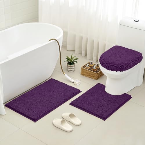 HOMEIDEAS 3 Pieces Dark Purple Bathroom Rugs Set, Ultra Soft Non Slip Bath Rug and Absorbent Chenille Bath Mat, Includes U-Shaped Contour Rug, Bath Mat and Toilet Lid Cover, Perfect for Bathroom Floor - color: Purple, size: 20"x32"+U 20"x24"+Cover 18"x21"