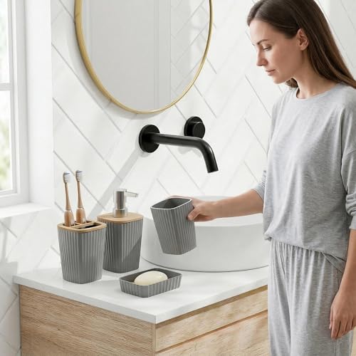 Bathroom Accessory Set 7 Pcs, Plastic Bathroom Set with Bamboo Cover Include Soap Dish, Toothbrush Holder, Mousewash Cup, Shower Curtain Set, Soap Dispenser, Trash Can & Toilet Brush - color: Grey, size: 7pack