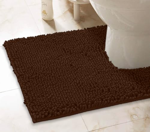 LuxUrux Brown Bath Mat - U-Shaped Contoured Rug for Around Toilet, Super Absorbent Shaggy Bath Rug. Easy Machine Wash & Dry (20" x 23", Brown) - color: Brown, size: 23'' x 20'' U