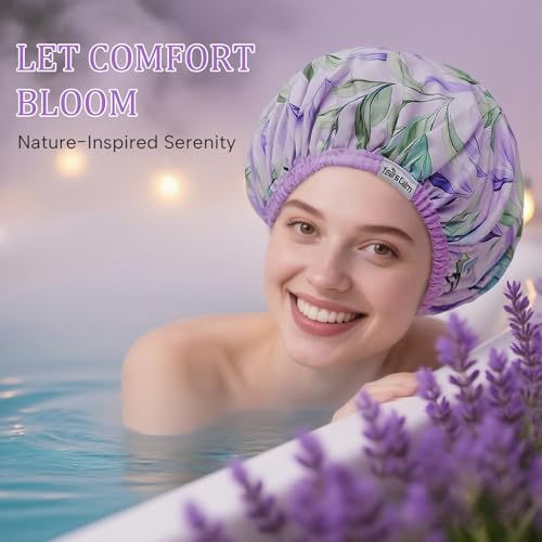Years calm Shower Caps for Women Reusable Waterproof – Double Layer Elastic Cap with Tropical Botanical Print Shower Cap for Shower, Spa, Travel, Bath & Daily Hair Protection - color: Purple