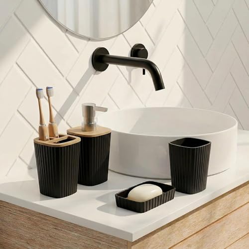 Bathroom Accessory Set 7 Pcs, Plastic Bathroom Set with Bamboo Cover Include Soap Dish, Toothbrush Holder, Mousewash Cup, Shower Curtain Set, Soap Dispenser, Trash Can & Toilet Brush - color: Black, size: 7pack
