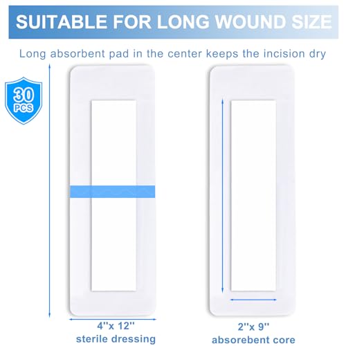 30 Pack 4"x12" Waterproof Adhesive Island Dressing for Post-Surgery Recovery | Sterile Bordered Gauze Bandages with Non-Stick Pad for Knee/Hip Replacement, Surgical Incision Care & Shower Protection - size: 4x12 in