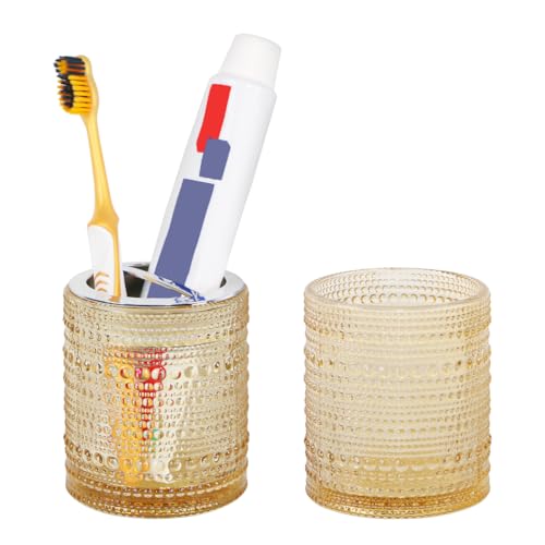 Amber Toothbrush Holders for Bathrooms, Glass Toothbrush Holder with 2 Slot Divider, 10oz Bathroom Tumbler and Mouthwash Cup, Tooth Brush Holder for Brushes, Toothpaste - color: Amber