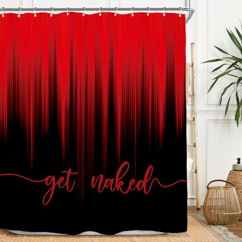 Miyotaa Black Red Modern Shower Curtain Set 60Wx71H Inches Elegant Funny Get Naked Cool Simple Contemporary Abstract Striped Polyester Waterproof Bathroom Curtain with 12 Hooks - color: Black Red Get Naked, size: 60"W x 71"L (Pack of 1)