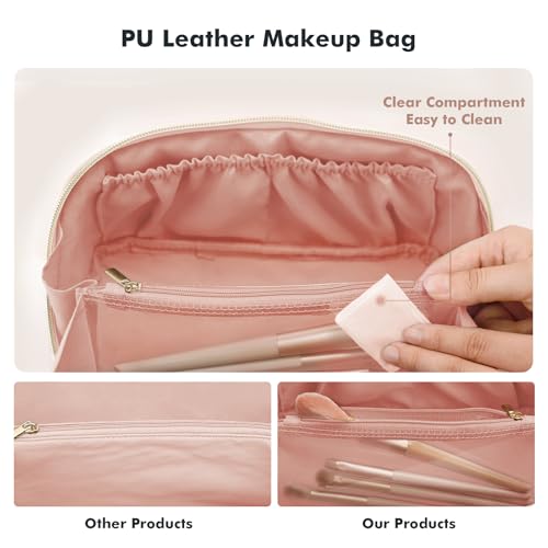 Prite Makeup Bag for Women Travel Waterproof Vegan Leather Cosmetic Bag Open Flat Toiletry Bag With Clear Divider and Handle (Pink, Large) - color: Pink, size: Large