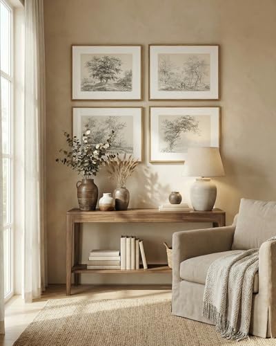 InSimSea 4 pcs Framed Wall Art, Vintage Sketch Tree Canvas Prints, Bathroom Kitchen Beige White Decor, Neutral Toned, Rustic Nature Shelf Decor, Small Size,11x14in - color: neutral Sketch tree