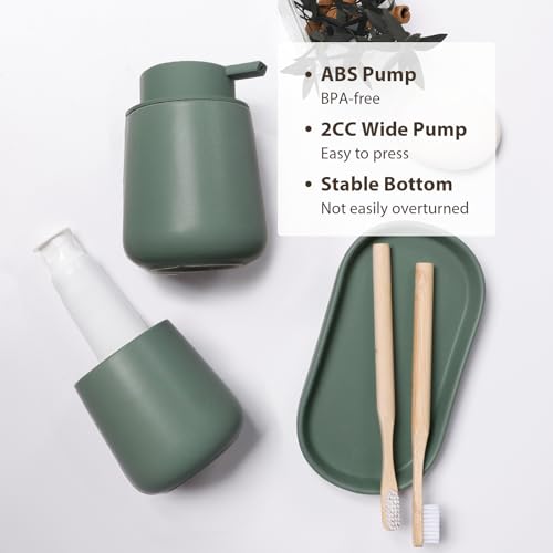 INGOFIN 3 Pcs Ceramic Bathroom Accessory Set - Liquid Soap Dispenser, Toothbrush Holder & Tray, Bathroom Counter Set, Countertop Essentials for Home, Guest Bathroom, or Office Use, Matte Green - style: Liquid-Matte Green