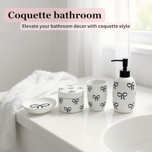 Pink Bathroom Set, 4 Pcs Ceramic Bathroom Accessory Sets - Soap Dispenser, Tumbler Toothbrush Holder, Vanity Soap Tray, Cotton Swab Jars - Pink Bathroom Decor Gift for Her (Black) - color: Black