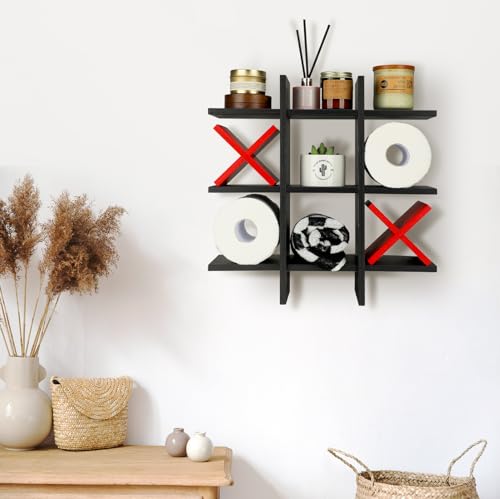 Weysat Tic Tac Toe Toilet Paper Holder Stand Bathroom Wall Decor Rustic Wooden Hanging Storage Freestanding Wall Mounted Shelves Decor for Toilet Tissue Farmhouse - color: Black, Red