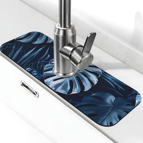Kitchen Sink Splash Guard Faucet Mat, Monstera Leaves Navy Blue Diatom Mud Absorbent Draining Mat For Kitchen Sink Bathroom - color: Monstera Leaves Navy Blue, size: One Size