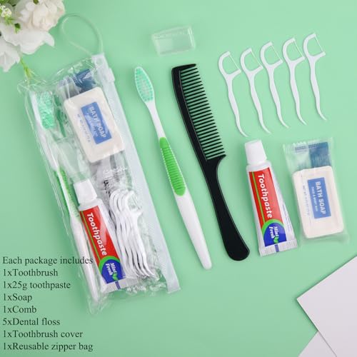 5 Set Personal Care Travel Toiletries Sets Bulk,7-in-1 Disposable Toothbrushes with Toothpaste and Floss,Comb,Soap,Cover,Zip Bag Toiletry Travel Toothbrush Kit for Homeless,Hotel,Charity