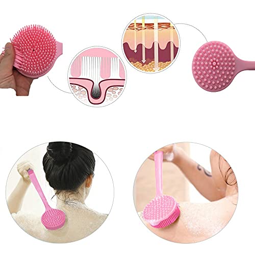 Long Handle Silicone Body Scrubber for Shower, Dual-Sided Back Scrubber Brush with Soft Bristles&Massage Nodes, Exfoliating Bath Brush for Hard to Reach Areas, Easy to Clean & Quick Dry, for Daily Use - color: Pink