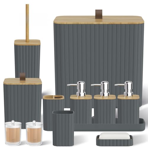Bathroom Accessory Set - Grey Bathroom Set, 12PC Bathroom Accessories Set, Grey Bathroom Accessories Set, Mini Trash Can, Toilet Brush, Trash Can & Soap Dispenser - size: Bathroom Set, style: Grey