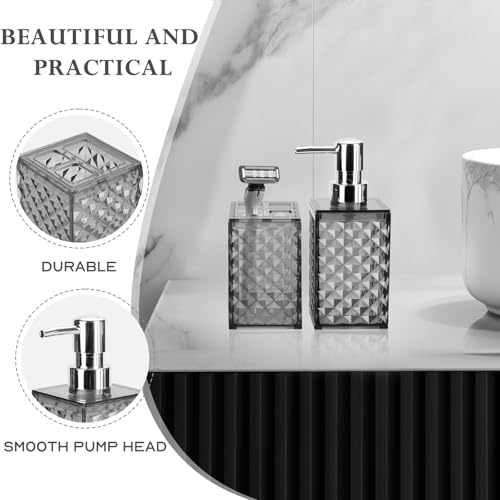 Bathroom Accessories Set 2 PCS, Grey Bathroom Accessories Include Soap Dispenser and Toothbrush Holder, Diamond Pattern Bathroom Set for Boho Bathroom Decor - color: Grey