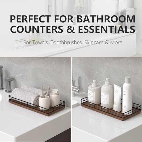 Toilet Paper Basket Organizer, Oak Wood Toilet Tank Tray with Metal Frame | Bathroom Counter Top Storage for Toilet Paper, Wipes & Decor, Modern Narrow Back of Tank Shelf Organizer, Black & Brown - color: Black & Brown, size: 13" x 6.5" x 2"