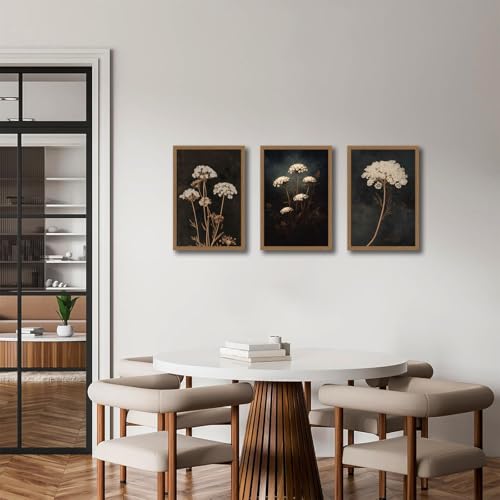 3Pcs Framed Moody Botanical Black Dark Flower Canvas Wall Art Set Elegant White Queen Anne’s Lace Flower Prints, Botanical Painting for Living Room, Bedroom, Office, Home Decor 12x16in - color: Elegant White Queen Anne's Lace Flower, size: 12x16 Inches