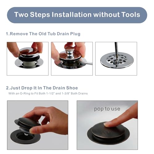 HIDROP Oil Rubbed Bronze Tub Pop Up Stopper,Universal Bathtub Drain Plug | Brass Tub Drain Stopper, Fit 1-1/2" and 1-3/8" Tub Drain, Tip Toe Bathtub Drain, Bathtub Stopper Replacement, EZ Install - color: Oil Rubbed Bronze