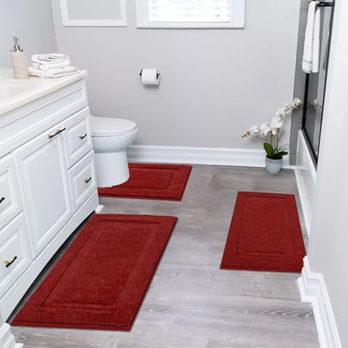 SHACOS Red Bathroom Rugs Sets 3 Piece Small Bath Mat U Shaped Toilet Rug | 20x32+ 16x24+ 20x24, Soft Fluffy Microfiber Bath Rugs Set, Non Slip Washable Absorbent Bathroom Floor Mats Carpet Shower Rug - color: Red, size: 16"x24"+ 20"x32"+U Shape 20"x24"