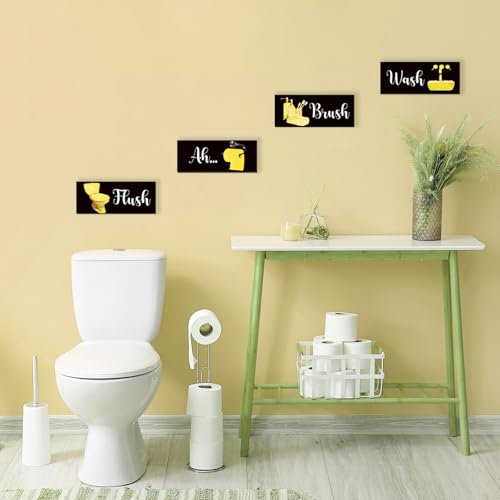 4 Pcs Yellow Bathroom Decor Funny Yellow And Black Wall Art Wooden Bathroom Accessories Modern Glitter for Home Toilet Decoration 10x4 Inches - color: Yellow, size: 10 X 4 Inch