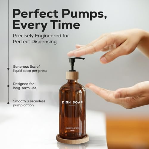 Amber Glass Dish Soap Dispenser for Kitchen Sink by Brighter Barns - Kitchen Soap Dispenser Set with Tray - Glass Bottle with Pump for Liquid - Boho Home Decor and Accessories for Restaurant (Amber) - color: Amber D