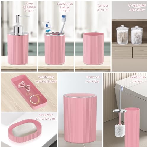 Light Pink Bathroom Accessories Set, 10PC Bathroom Set, Bath Accessory with Pop Up Trash Can, Soap Dispenser, Toilet Brush, Toothbrush Set Qtip Holders & Tray - color: Pink & Silver, size: 10-Piece Set (Accessories Only)