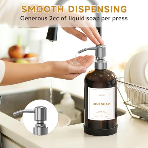 Kitchen Soap Dispenser Set – 16.8oz/500ml Glass Hand and Dish Soap Dispenser with Stainless Steel Pumps & Non-Slip Silicone Base, Luxury Countertop Decor for Home, Airbnb, Spa (Amber & Silver) - color: Amber & Silver