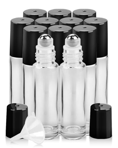 Worldgsb 12 Pack Essential Oil Roller Bottles, 10ml Refillable Clear Glass Roller Bottles with Stainless Steel Roller Balls and Caps for Travel, Perfume and Lip Gloss - color: Clear, style: 12 Pack