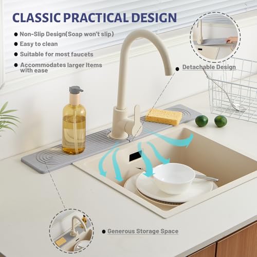 Fast Drying Stone Faucet Mat for Kitchen Sink with Raised Feet | Diatomaceous Earth Sink Mat , Quick Dry Water Absorbing Stone Tray, Faucet Splash Guard for Kitchen Sink, (Grey 23.6" x 3.9") - color: Gray.23.6" x 3.9"