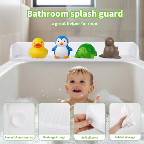 Bathtub Splash Guard for Tub Kids, 31 Inch White Bath Play Shelf, Longer Silicone Bathtub Guard Play with 11 Suction Cups, Toy Tray Caddy Holder for Tub,Water Leak & Splash-Proof, with 1pc Bath Sponge